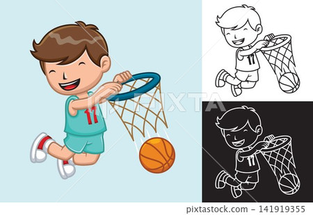 Vector illustration of cartoon kid boy playing basketball 141919355