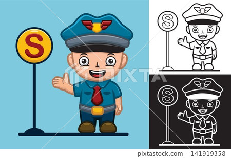 Vector illustration of cartoon little boy in police uniform with traffic sign Vector illustration of cartoon little boy in police uniform with traffic sign 141919358