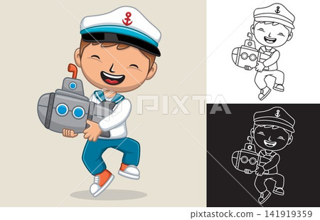 Vector illustration of cartoon boy in sailor uniform holding submarine toy Vector illustration of cartoon boy in sailor uniform holding submarine toy 141919359