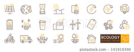 Ecology icons set with renewable energy, sustainable resources, green technology, and environmental protection concepts in simple line style Ecology icons set with renewable energy, sustainable resources, green technology, and environmental protection concepts in simple line style 141919390