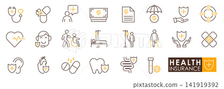 Health insurance icons set with medical symbols, pills, heart, tooth, IV drip, and protection shield for healthcare and safety concepts 141919392