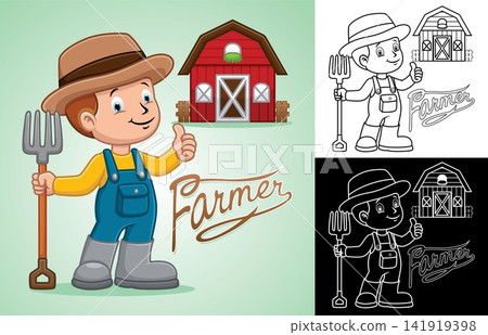 Vector cartoon of little boy farmer holding farming fork with red barn Vector cartoon of little boy farmer holding farming fork with red barn 141919398