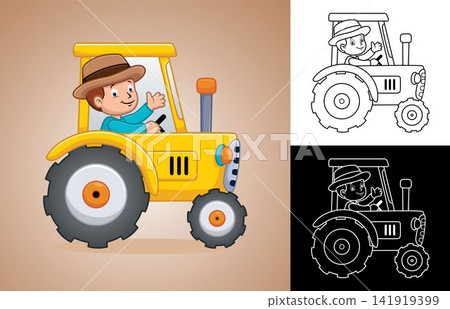 Vector cartoon of little boy farmer on tractor 141919399
