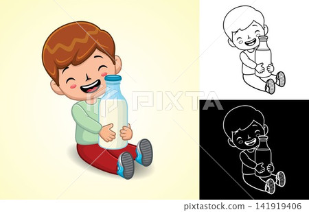 Vector cartoon of little boy sitting on floor while hug big milk bottle Vector cartoon of little boy sitting on floor while hug big milk bottle 141919406