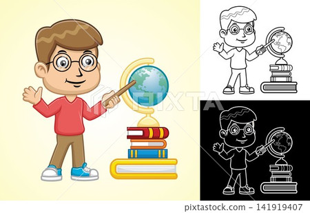 Vector cartoon of boy with globe and books 141919407