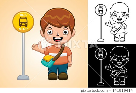 Vector cartoon of little boy standing beside bus stop sign Vector cartoon of little boy standing beside bus stop sign 141919414
