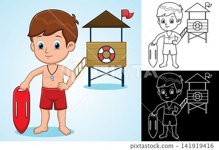 Vector cartoon of lifeguard boy holding lifebuoy on lifeguard tower background Vector cartoon of lifeguard boy holding lifebuoy on lifeguard tower background 141919416