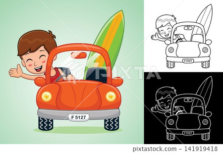 Vector cartoon of little boy on car with surfboard Vector cartoon of little boy on car with surfboard 141919418