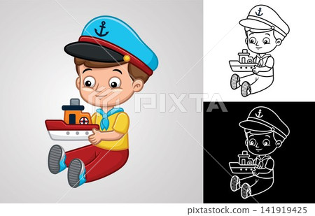 Vector cartoon of little boy wearing sailor accessories while holding toy boat Vector cartoon of little boy wearing sailor accessories while holding toy boat 141919425