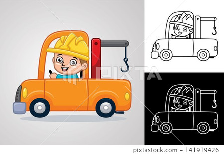 Vector cartoon of little boy with helmet on tow truck 141919426