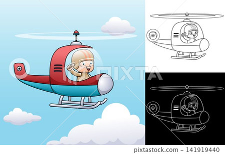 Vector cartoon of helicopter with little pilot. Coloring book or page Vector cartoon of helicopter with little pilot. Coloring book or page 141919440