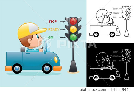 Vector cartoon of boy on car with traffic light Vector cartoon of boy on car with traffic light 141919441