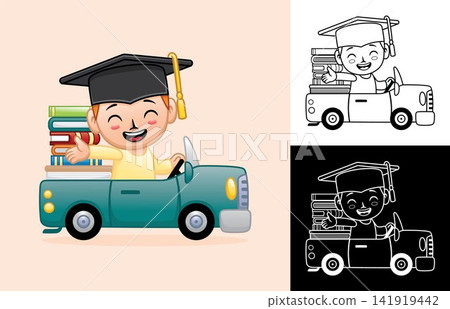 Vector cartoon of happy boy wearing graduation cap on car loading books. Coloring book or page Vector cartoon of happy boy wearing graduation cap on car loading books. Coloring book or page 141919442