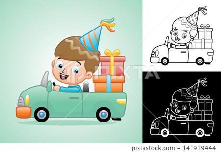 Vector cartoon of little boy wearing cone hat driving car carrying gifts Vector cartoon of little boy wearing cone hat driving car carrying gifts 141919444