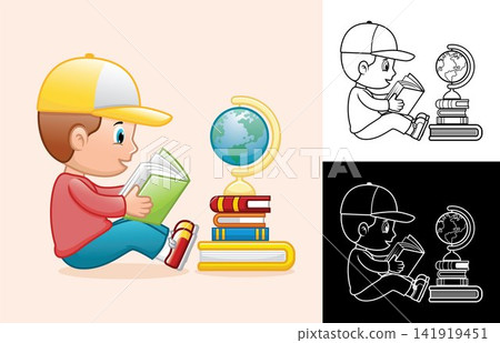 Vector cartoon of boy sitting on floor while reading book with globe on pile of books Vector cartoon of boy sitting on floor while reading book with globe on pile of books 141919451