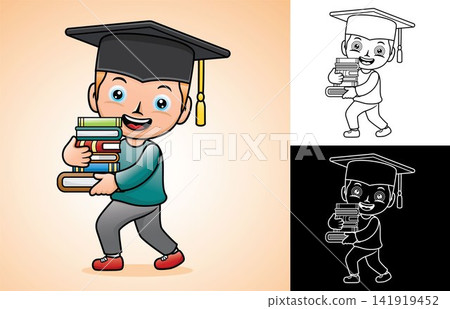Vector cartoon of a boy carrying pile of books. Coloring book or page Vector cartoon of a boy carrying pile of books. Coloring book or page 141919452