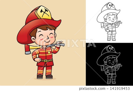 Vector cartoon of boy in firefighter uniform while holding axe. Coloring book or page 141919453