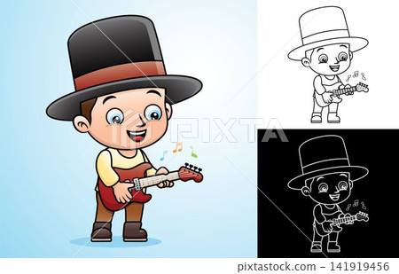 Vector cartoon of boy wearing bowler hat while playing electric guitar Vector cartoon of boy wearing bowler hat while playing electric guitar 141919456