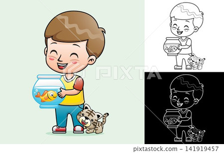 Cartoon of a boy holding fish in jar with cat in his feet. Coloring book or page 141919457