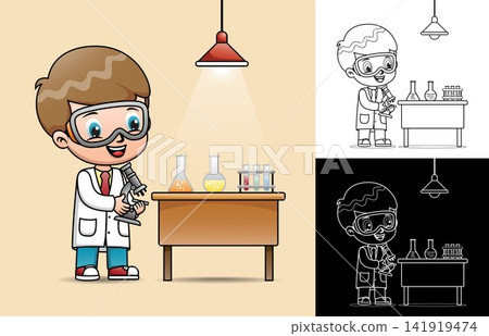 Little scientist cartoon holding microscope in laboratory with liquid chemistry glass Little scientist cartoon holding microscope in laboratory with liquid chemistry glass 141919474