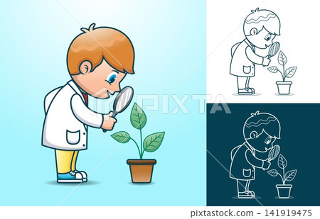 Vector illustration of little scientist cartoon examines leaf of tree through magnifying glass Vector illustration of little scientist cartoon examines leaf of tree through magnifying glass 141919475