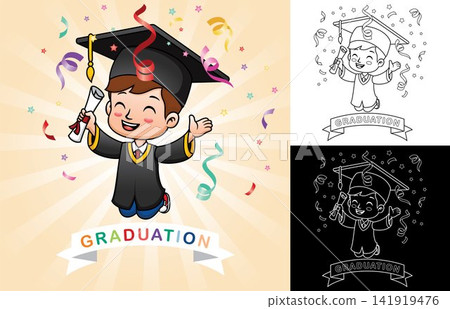 Happy boy graduation celebration, vector cartoon illustration Happy boy graduation celebration, vector cartoon illustration 141919476