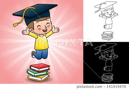Happy boy graduation celebration with pile of books, vector cartoon illustration Happy boy graduation celebration with pile of books, vector cartoon illustration 141919478