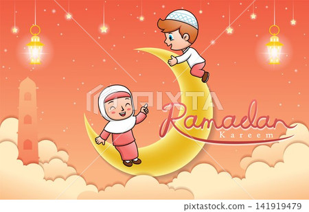 Vector cartoon illustration of cute Muslim kids on crescent moon at Ramadan month 141919479