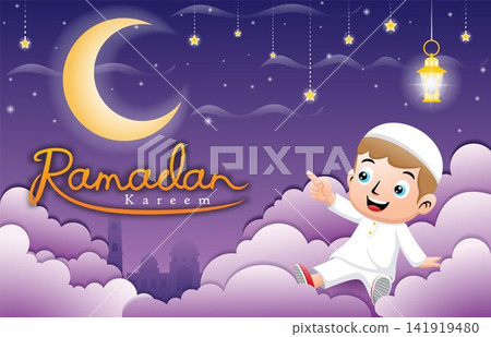 cute cartoon Muslim kids on clouds with lantern pointing to crescent moon at Ramadan night cute cartoon Muslim kids on clouds with lantern pointing to crescent moon at Ramadan night 141919480