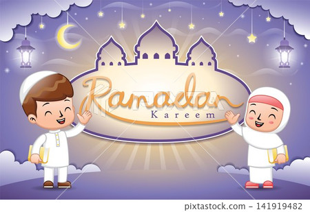 Cute Muslim kids holding Quran at Ramadan night on mosque frame background Cute Muslim kids holding Quran at Ramadan night on mosque frame background 141919482