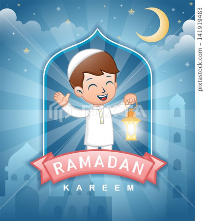 Cute cartoon Muslim kids holding lantern at Ramadan night Cute cartoon Muslim kids holding lantern at Ramadan night 141919483