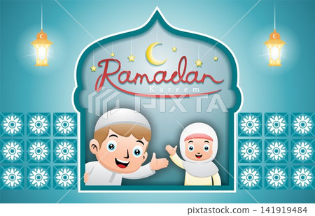 Cute Muslim kids on mosque window frame welcome the Ramadan month Cute Muslim kids on mosque window frame welcome the Ramadan month 141919484