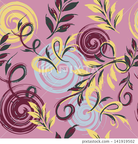 Abstract painterly seamless pattern with expressive brush stroke leaves and swirls for modern fashion, wallpaper, and apparel design. Abstract painterly seamless pattern with expressive brush stroke leaves and swirls for modern fashion, wallpaper, and apparel design. 141919502