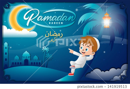 Moslem boy lying down on palm tree at Ramadan night, vector cartoon illustration Moslem boy lying down on palm tree at Ramadan night, vector cartoon illustration 141919513