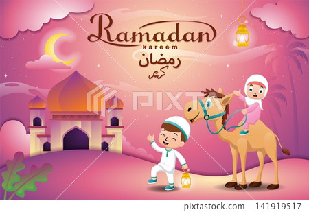 Little boy carrying lantern with little girl riding on camel going to mosque at Ramadan night Little boy carrying lantern with little girl riding on camel going to mosque at Ramadan night 141919517