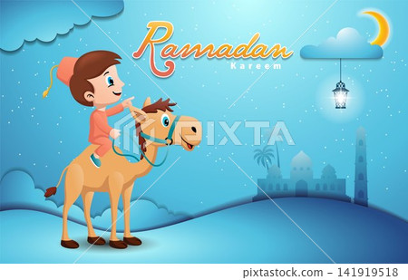Boy Moslem riding on camel at Ramadan month, Ramadan kareem elements Boy Moslem riding on camel at Ramadan month, Ramadan kareem elements 141919518