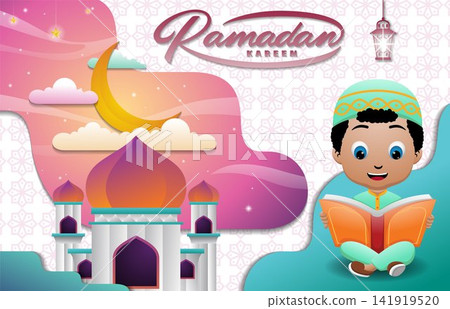 Muslim boy cartoon sitting on floor while reading Quran, mosque with crescent moon, Ramadan month elements Muslim boy cartoon sitting on floor while reading Quran, mosque with crescent moon, Ramadan month elements 141919520