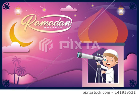 Muslim kid cartoon looking through a telescope into crescent moon at Ramadan night Muslim kid cartoon looking through a telescope into crescent moon at Ramadan night 141919521