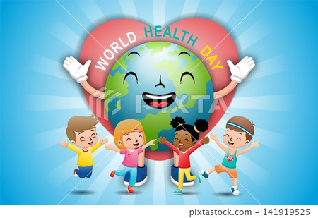 Cartoon of happy kids with funny globe on heart background, world health day campaign Cartoon of happy kids with funny globe on heart background, world health day campaign 141919525