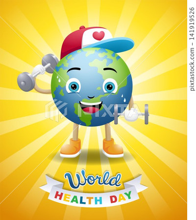 Funny cartoon earth globe lifting dumbbell 141919526