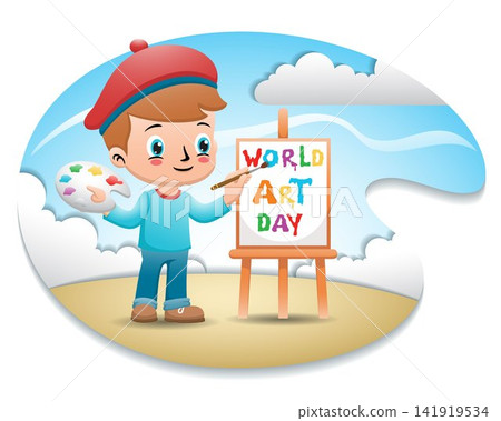 Kids painter cartoon on blue sky background Kids painter cartoon on blue sky background 141919534