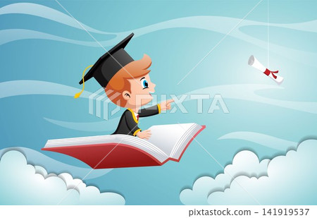 Cartoon of happy boy in graduation uniform flying with book chasing diploma on blue sky Cartoon of happy boy in graduation uniform flying with book chasing diploma on blue sky 141919537