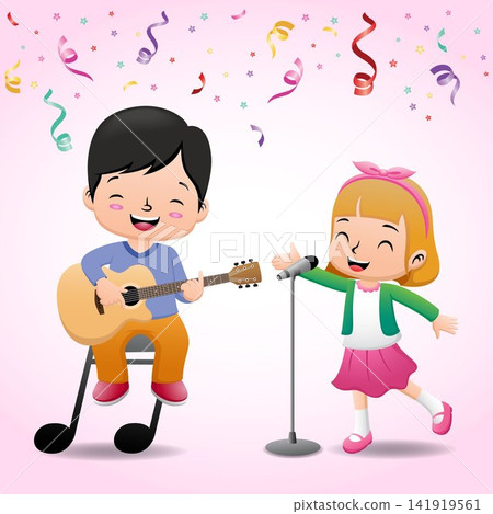 Cute little boy and little girl playing guitar and singing with colorful ribbon in a show Cute little boy and little girl playing guitar and singing with colorful ribbon in a show 141919561