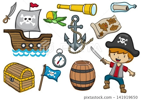 Vector illustration of cartoon set pirate characters, pirate sailing elements 141919650