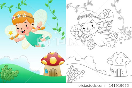 Cute fairy cartoon flying on scene background with mushroom house. Coloring book or page Cute fairy cartoon flying on scene background with mushroom house. Coloring book or page 141919653