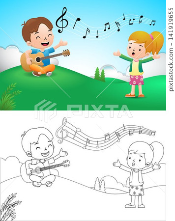 vector illustration of a boy playing guitar and little girl singing vector illustration of a boy playing guitar and little girl singing 141919655