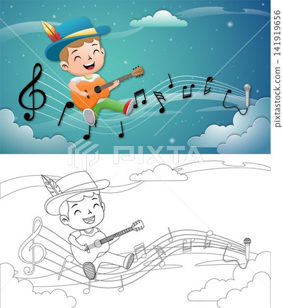 Cartoon of little boy wearing cowboy hat sitting on music notes while playing guitar 141919656