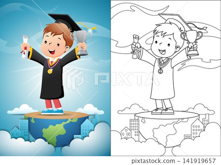 Boy cartoon in graduation gown standing on half globe while holding diploma and trophy Boy cartoon in graduation gown standing on half globe while holding diploma and trophy 141919657