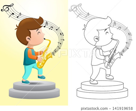 Cartoon boy playing saxophone on stage. Coloring book or page Cartoon boy playing saxophone on stage. Coloring book or page 141919658