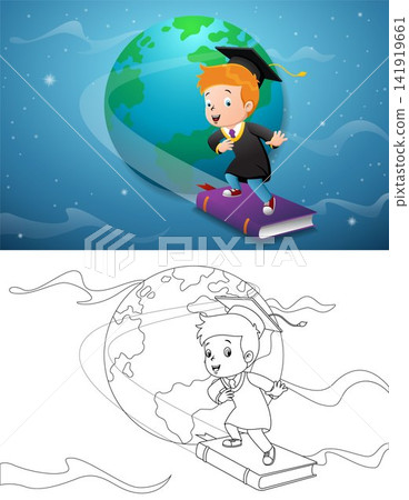 Cartoon boy in graduation costume flying around world with book Cartoon boy in graduation costume flying around world with book 141919661